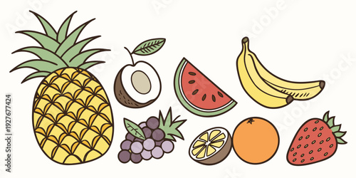 Assorted tropical fruits including pineapple, bananas, and berries Vector