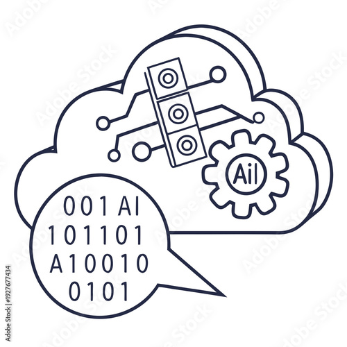 A cloud with a circuit board and a gear representing ai and machine learning