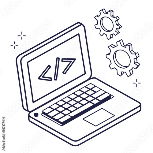 A laptop with a code symbol on the screen and gears