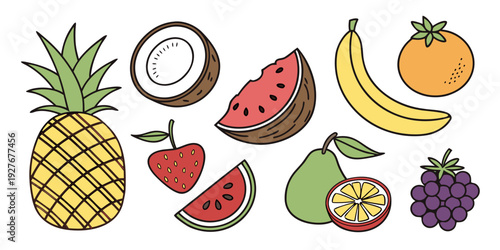 A vibrant assortment of tropical fruits, including pineapple, watermelon, and grapes. Vector