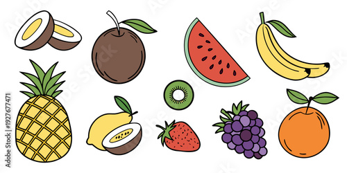 Assorted tropical fruits displayed in a vibrant and colorful arrangement Vector
