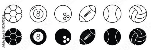 Sports balls icons set. Including soccer, billiard, bowling, football, tennis and volleyball equipment, linear and solid black glyph style symbols, athletic game vector illustration.