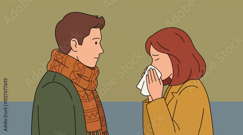Man Observing Woman Blowing Her Nose Due to Illness Simple Illustration