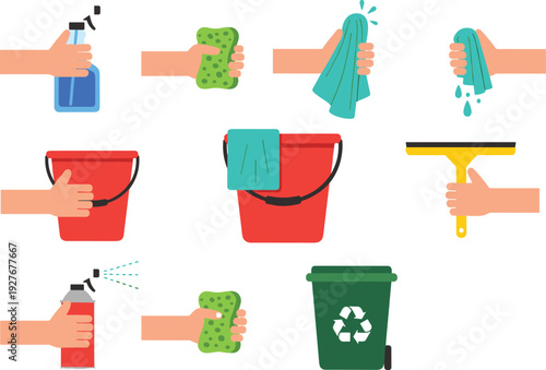 House cleaning vector set with hands holding spray bottles sponges buckets and rags for sanitation hygiene and domestic chores isolated on white background