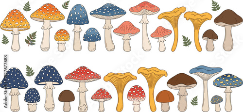 Hand Drawn Forest Mushroom Collection with Colorful Toadstools and Wild Fungi Botanical Illustration Set Isolated on Light Background