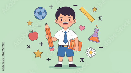 Smiling Boy in School Uniform Surrounded by Educational Symbols