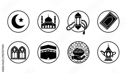 Islamic Eid silhouette icons in circular badge style with mosque lantern and Ramadan symbols vector pack