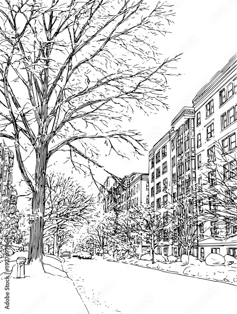 Obraz premium Snowy 90s city neighborhood, brick buildings and quiet streets, vector illustration art