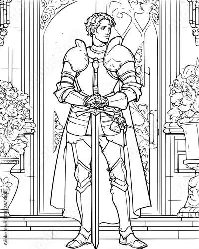 Royal guard in silver plate armor standing at a marble palace gate, vector graphic