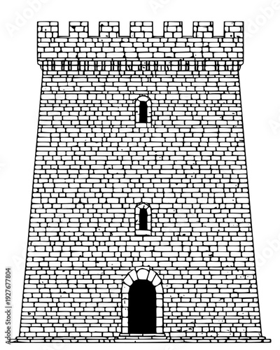 Romanesque stone castle with thick walls and small arched windows, vector design