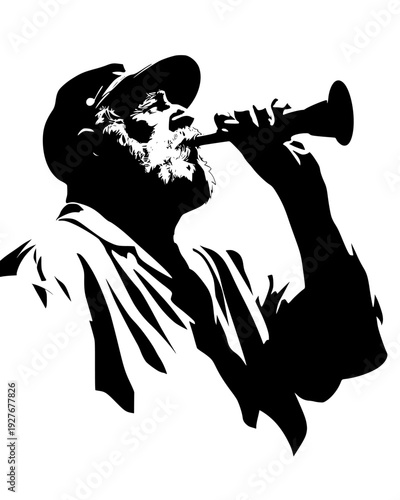 Ship captain with a grey beard looking through a brass spyglass, vector illustration art