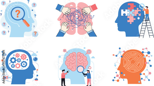 Mental health and psychology vector set with human head silhouettes brain functions problem solving and cognitive therapy icons isolated on white background