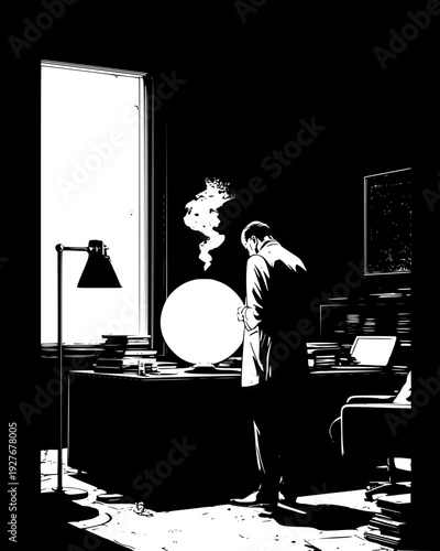 Tech billionaire in a minimalist office looking at a holographic globe, vector design