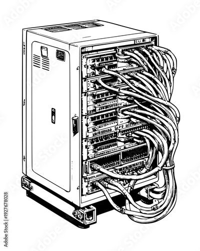 Thick cables connecting a bulky computer to a large mainframe, vector illustration