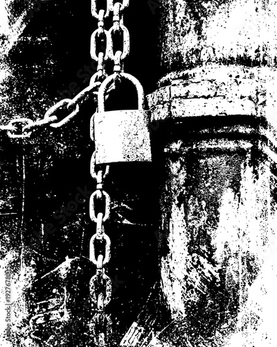Texture of a rusted iron gate with a heavy chain and a padlock, vector illustration art