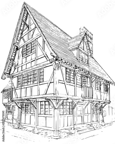 Tudor house with plaster and dark wooden crisscross beams, vector illustration art