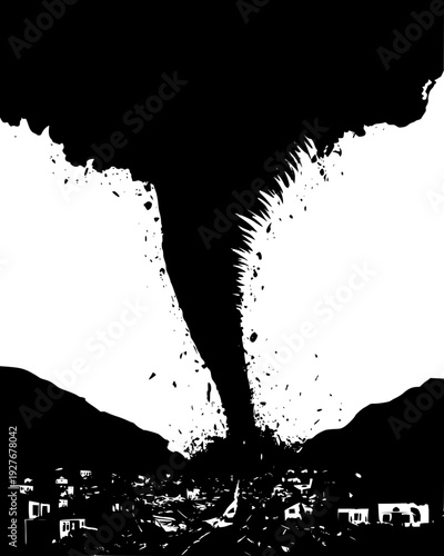 Tornado touching down in a dusty valley with debris flying in the air, vector illustration