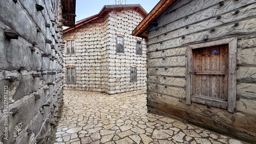 Foto The popular tourist houses known as Button Houses are distinguished by their exquisite stonework and beautiful wood