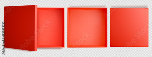 Open red box top view. Square gift mockup vector. Cube packaging above mock up for sale illustration. Elegant and luxury cardboard birthday case for store. Rectangle chocolate pack with lid set.