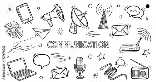 Illustration of various communication tools and symbols in black and white