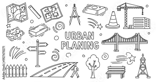Urban planning elements illustration with bridge, map, and crane icons