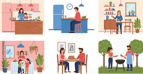 Family Cooking Dining and Barbecue Scenes Vector Set with Home Kitchen and Outdoor Meal Illustrations