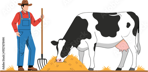 Farmer Feeding Cow with Hay Vector Illustration Rural Agriculture Livestock Farming Scene Isolated on Light Background