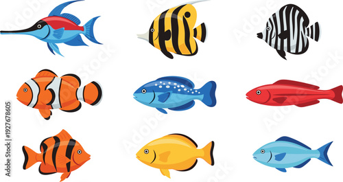 Colorful Tropical Fish Collection with Exotic Marine Species Cartoon Aquarium Vector Illustration Set