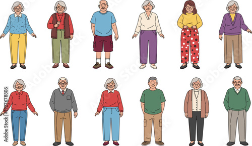 Senior Men and Women Character Collection with Elderly People Standing Poses Diverse Grandparents Vector Illustration Set