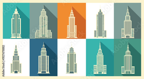 Modern Skyscraper Icons Collection in Flat Design Style with Long Shadow, Urban Architecture Buildings Set for City Skyline and Real Estate Projects