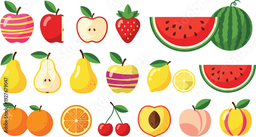 Colorful Fresh Fruit Collection with Apple Watermelon Orange Lemon Peach Cherry and Pear Vector Illustration Set