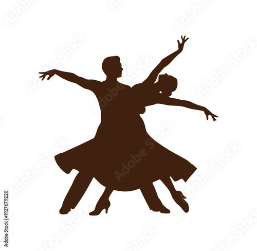 Brown silhouette of couple dancing together in ballroom dance position isolated on white background