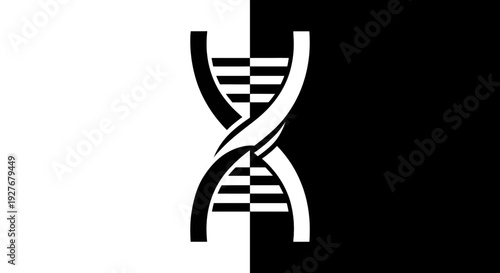 A stylized black and white illustration of a double helix dna structure.