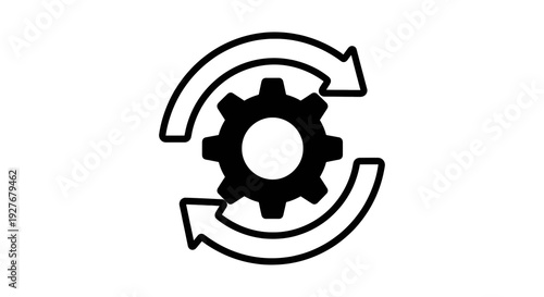 Circular arrows surrounding a gear symbolizing continuous improvement or process flow