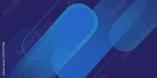 Modern abstract geometric illustration featuring elongated capsule shapes, layered semi-transparent elements, deep blue and electric blue color palette, dark blue gradient background