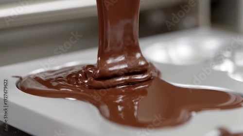 Melted Chocolate Flowing into Mold Industrial Production 4K