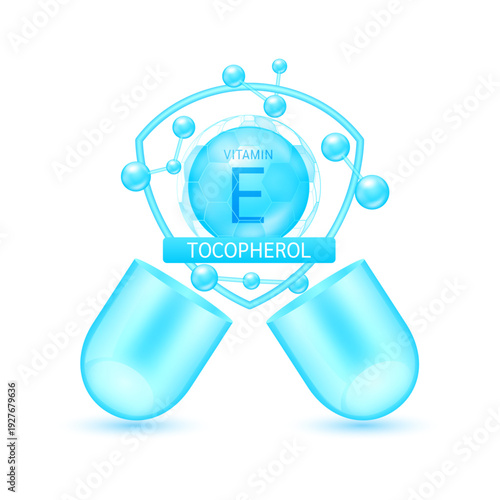 Blue tocopherol vitamin E in shield surrounded by atoms molecules float out of the open capsule on white background. Pill drug vitamins complex. For design dietary supplement products. 3D vector.