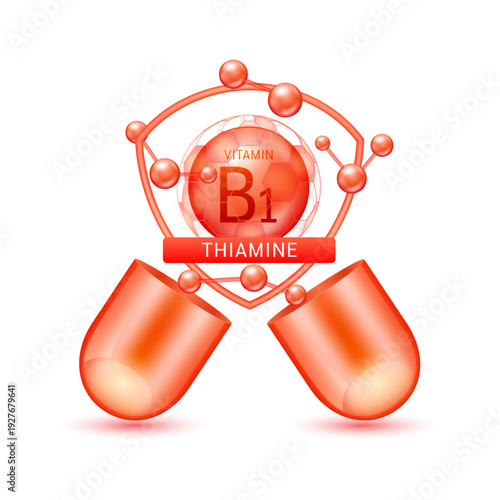 Red thiamine vitamin B1 in shield surrounded by atoms molecules float out of the open capsule on white background. Pill drug vitamins complex. For design dietary supplement products. 3D vector.