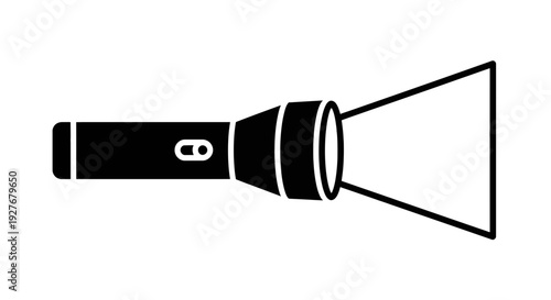A sleek black flashlight with a focused beam of light shining outward