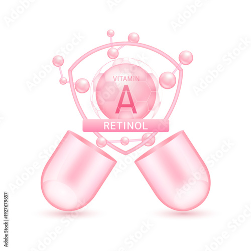 Pink retnol vitamin A in shield surrounded by atoms molecules float out of the open capsule on white background. Pill drug vitamins complex. For design dietary supplement products. 3D vector.