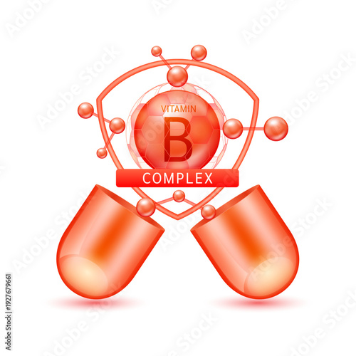 Red vitamin B complex in shield surrounded by atoms molecules float out of the open capsule on white background. Pill drug vitamins complex. For design dietary supplement products. 3D vector.