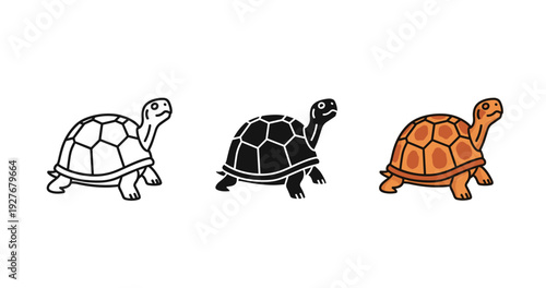Cartoon tortoises in black, white, and orange variants on a white background
