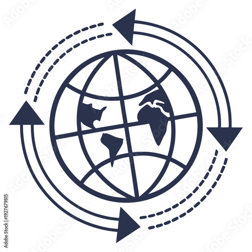 A blue globe with arrows circling around it
