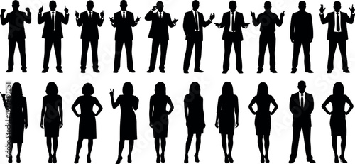 Collection of professional business men and women vector silhouettes in various poses for corporate presentations and commercial graphic design projects.