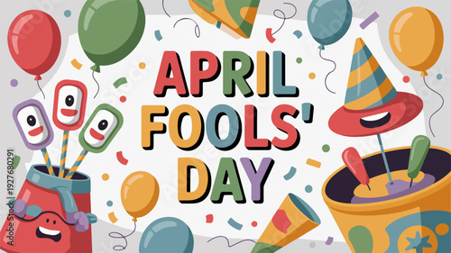 Colorful April Fools Day Celebration with Party Hats and Balloons