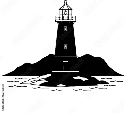 Black and white illustration of a lighthouse on a rocky island surrounded by water
