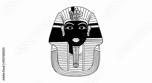 Black and white illustration of an ancient Egyptian pharaoh's mask with headdress