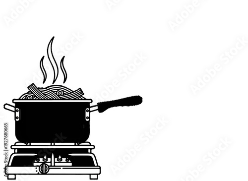 Black and white illustration of pasta cooking in a pot on a stove