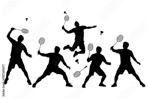 badminton playing 5 men isolated