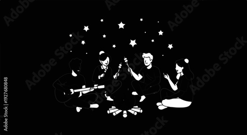 Friends gather around a campfire under a starry night, roasting marshmallows
